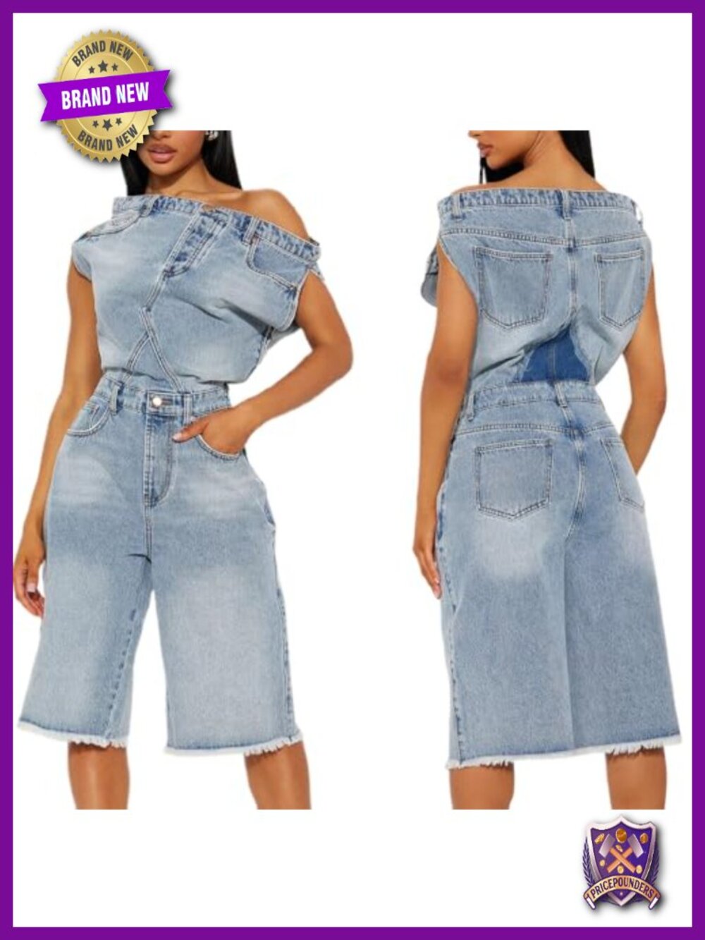 Molilove Off Shoulder Denim Romper Short Sleeve Button Down One Piece Outfit
